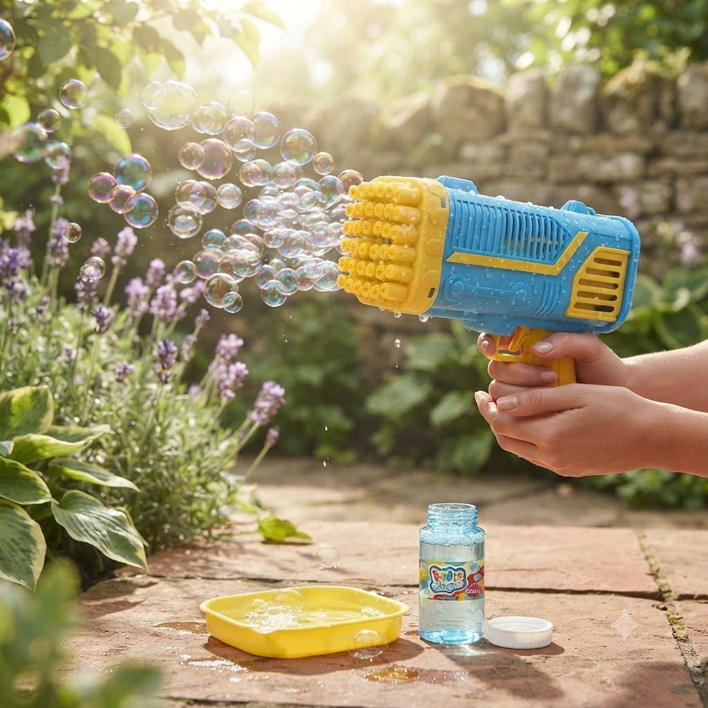 Henbrandt Bubble Gun With 50ML Bubble Tub and Bubble Tray Blue and Yellow R79175 | 36 Hole | Battery Operated | Long Lasting Colourful Bubbles | Fun Bubble Maker | Party Bubble Toy | Outdoor Party Toy | Bubble Gift | Bubble Play Toy