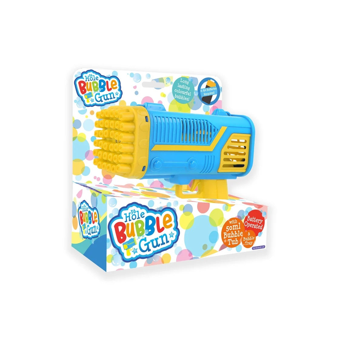 Henbrandt Bubble Gun With 50ML Bubble Tub and Bubble Tray Blue and Yellow R79175 | 36 Hole | Battery Operated | Long Lasting Colourful Bubbles | Fun Bubble Maker | Party Bubble Toy | Outdoor Party Toy | Bubble Gift | Bubble Play Toy