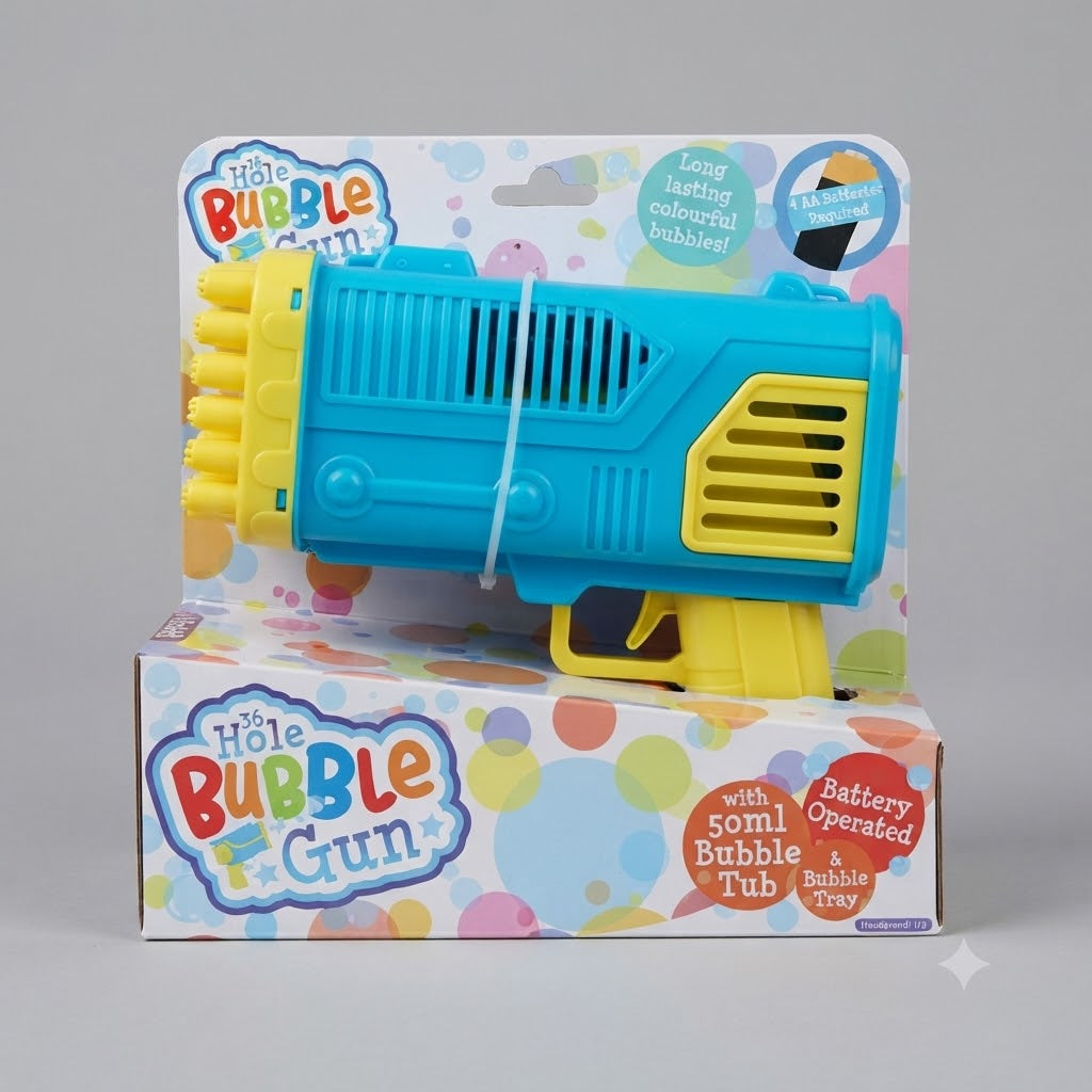 Henbrandt Bubble Gun With 50ML Bubble Tub and Bubble Tray Blue and Yellow R79175 | 36 Hole | Battery Operated | Long Lasting Colourful Bubbles | Fun Bubble Maker | Party Bubble Toy | Outdoor Party Toy | Bubble Gift | Bubble Play Toy