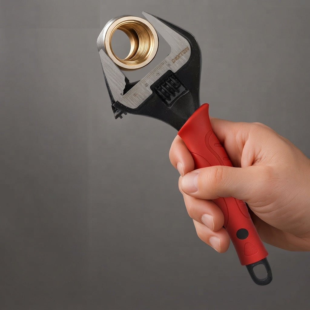 Dekton Ultra Wide Jaw Stubby Adjustable Wrench Red and Black 10-Inch DT20128 | 50mm Jaw Capacity | Slim Head for Tight Spaces | Soft Grip Handle | Measurement Scale Engraved on Wrench | Eyelet in Handle | Pointed Jaw