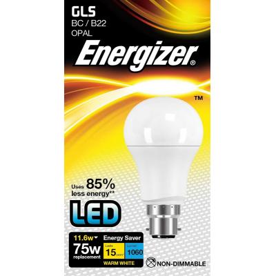 Energizer BC B22 Non-Dimmable Energy Saver LED GLS Bulb Warm White 60mm x 109mm 11.6W