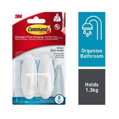 Command Self Adhesive Damage Free Water-Resistant Bath Designer Hanging Hooks and Strips With Hold Capacity 3lb 1.3Kg White Medium Pack of 6-Pcs 17081B