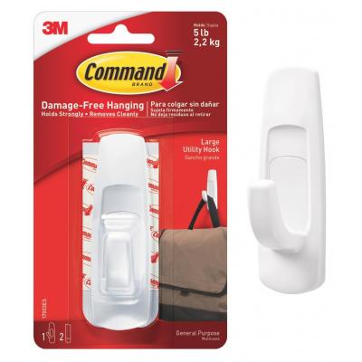 Command Self Adhesive Hanging Utility Hook and Strips Hold Capacity Up to 5lb 2.2Kg White Large Pack of 1 17003ES