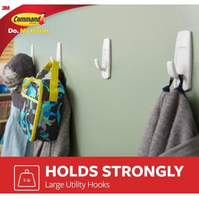 Command Self Adhesive Hanging Utility Hook and Strips Hold Capacity Up to 5lb 2.2Kg White Large Pack of 1 17003ES