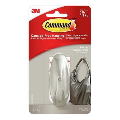 Command Faux Brushed Nickel Medium Self Adhesive Damage-Free Indoor Hanging Designer Hook Holds and Strips 1.3Kg / 3lb 17081BN