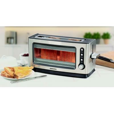 Daewoo Electricals 2 Slice Transparent Glass Kitchen Toaster with Removable Tray Silver 20cm x 40cm x 16cm 900W SDA1060