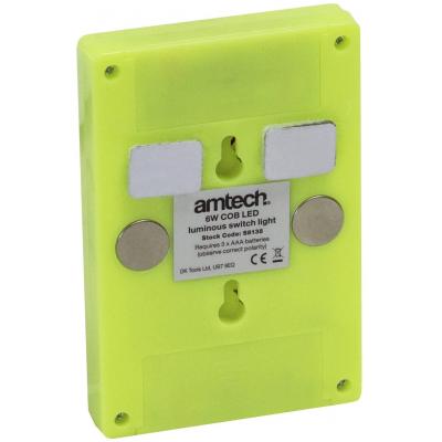 Amtech 6W COB LED Luminous Switch Light Green S8138 | Super Bright 200 Lumen Output | Easy Fixing by Magnet Screw or Hook and Loop | Ideal for Cupboards Lofts-Understairs-Sheds etc