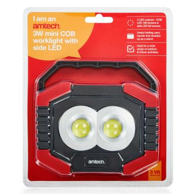 Amtech Mini COB Worklight with Side LED Red and Black 3W S8144 | 2 LED Outputs-COB LED 180 Lumens and Side  LED 60 Lumens | Useful Folding Carry Handle that Doubles up as a Stand | Ideal for Wide Range of Outdoor and Indoor Activities